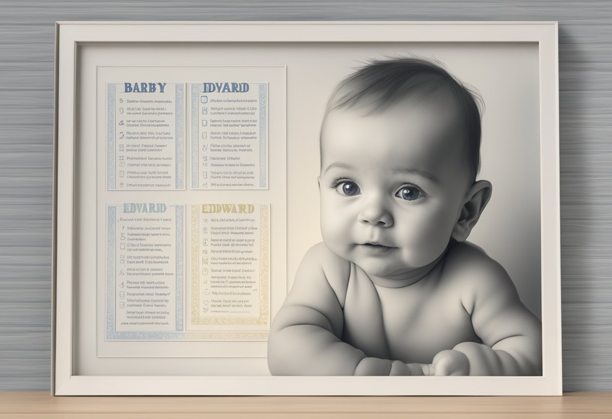 A list of baby boy names next to a framed picture of Edward