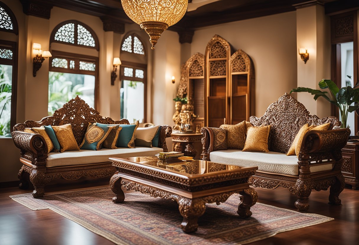 An ornate Indian-style furniture set in a spacious, well-lit room in Singapore. Richly carved wood, vibrant textiles, and intricate details adorn the pieces