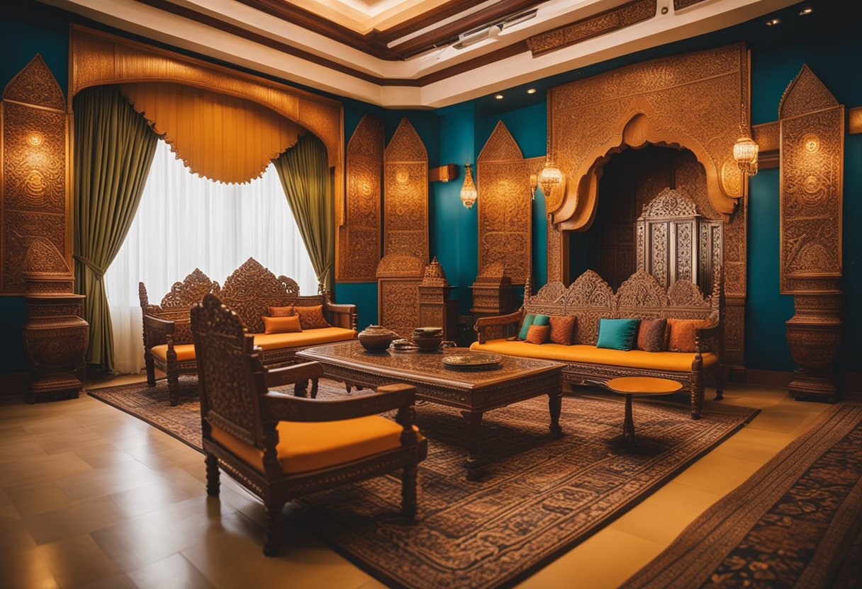 A room filled with ornate Indian style furniture, vibrant colors and intricate carvings, set against a backdrop of modern Singapore