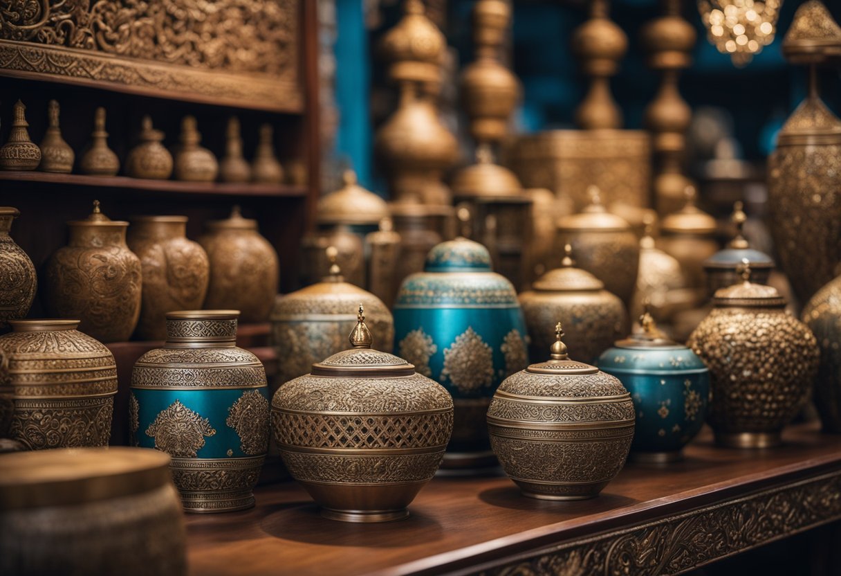 A cozy Indian furniture store with a wide selection of intricately carved wooden pieces, vibrant fabrics, and ornate metal accents