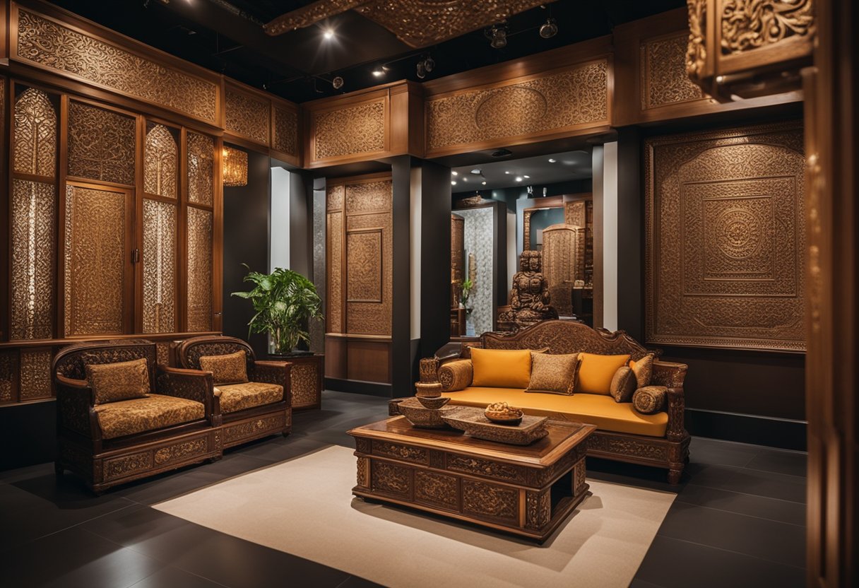 An inviting showroom with traditional Indian furniture displayed in a modern Singapore setting. Rich colors, intricate carvings, and ornate details create a warm and elegant atmosphere