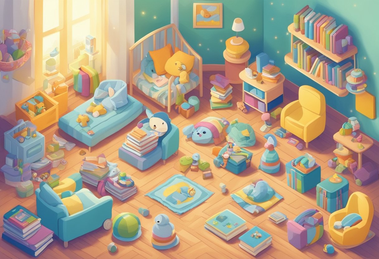 A colorful array of baby items, toys, and books scattered on a soft blanket in a sunny room