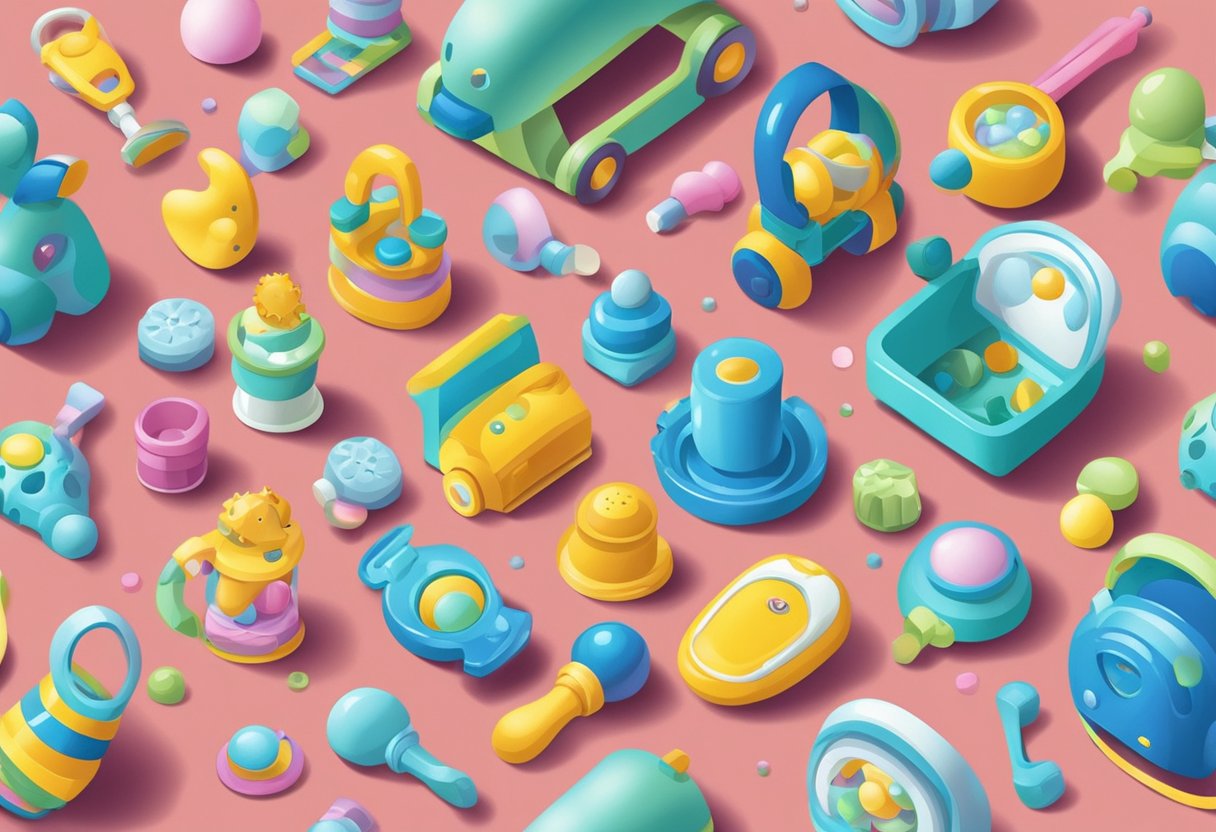 A colorful array of baby items, from rattles to blankets, arranged in a playful and inviting manner