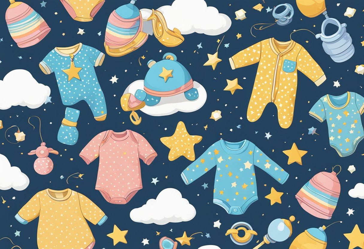 A colorful array of baby items, like rattles, onesies, and pacifiers, are scattered across a whimsical backdrop of clouds and stars
