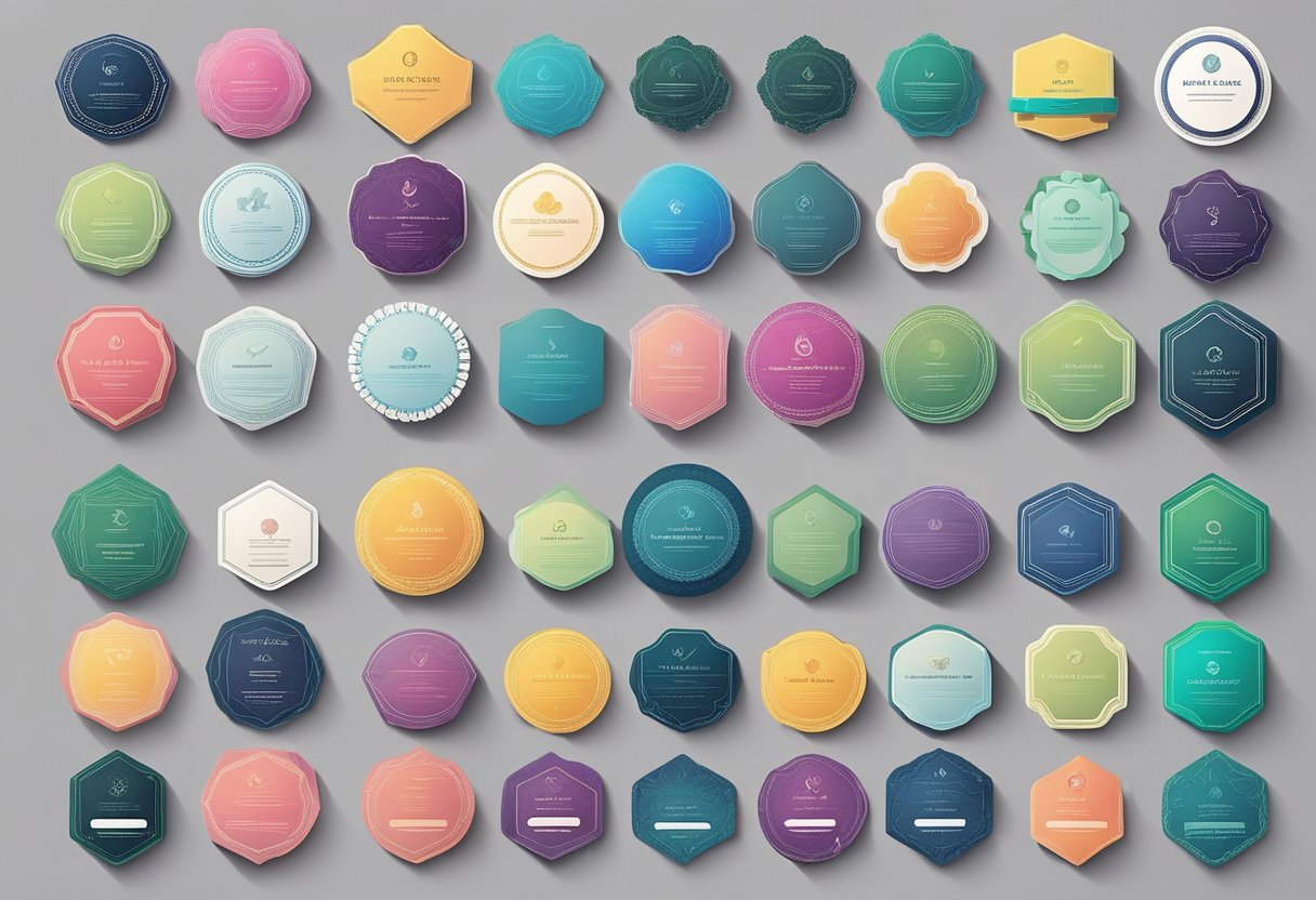 A collection of colorful name cards arranged in a circular pattern, with various fonts and designs