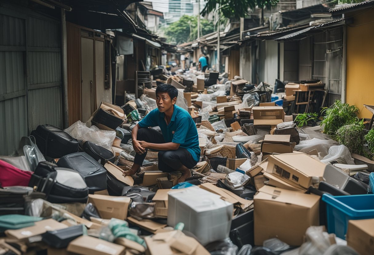 A cluttered alleyway filled with discarded furniture and household items in Singapore, with a karang guni collector sifting through the piles