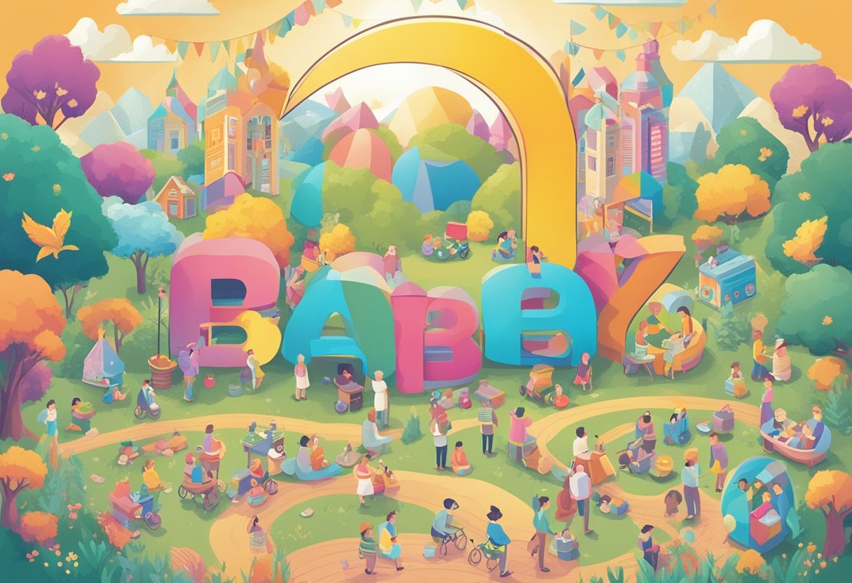 A colorful array of baby names ending in "eigh" displayed on a banner, surrounded by playful and whimsical illustrations