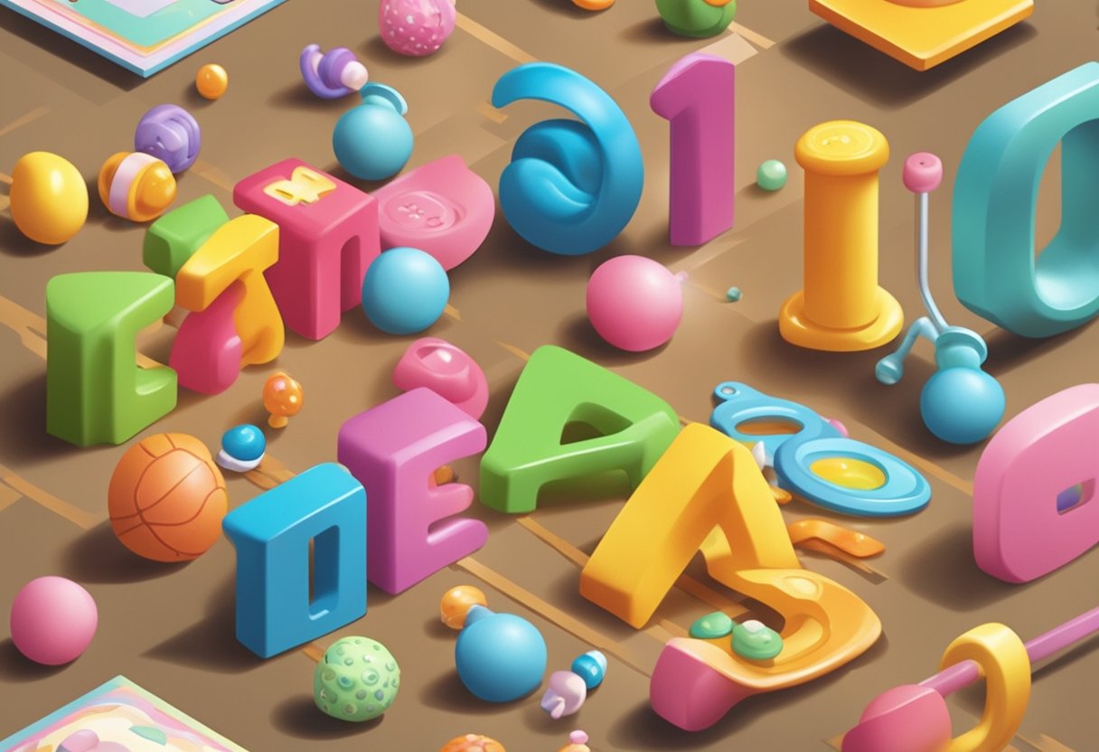 Colorful sign with "Name Ideas" in bold letters, surrounded by playful baby items like rattles and pacifiers, all ending in "eigh."