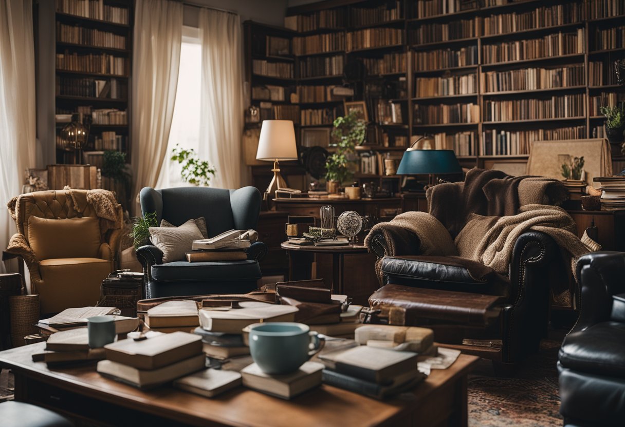 A cluttered living room with old furniture and decor piled up. Books, lamps, and chairs are stacked haphazardly, creating a chaotic scene
