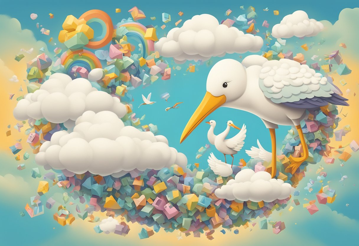 A colorful array of letters, numbers, and symbols float in a whimsical cloud above a stork carrying a bundle, representing the concept of baby names