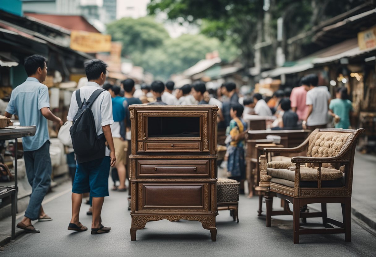 A karang guni collecting used furniture in Singapore, surrounded by curious onlookers