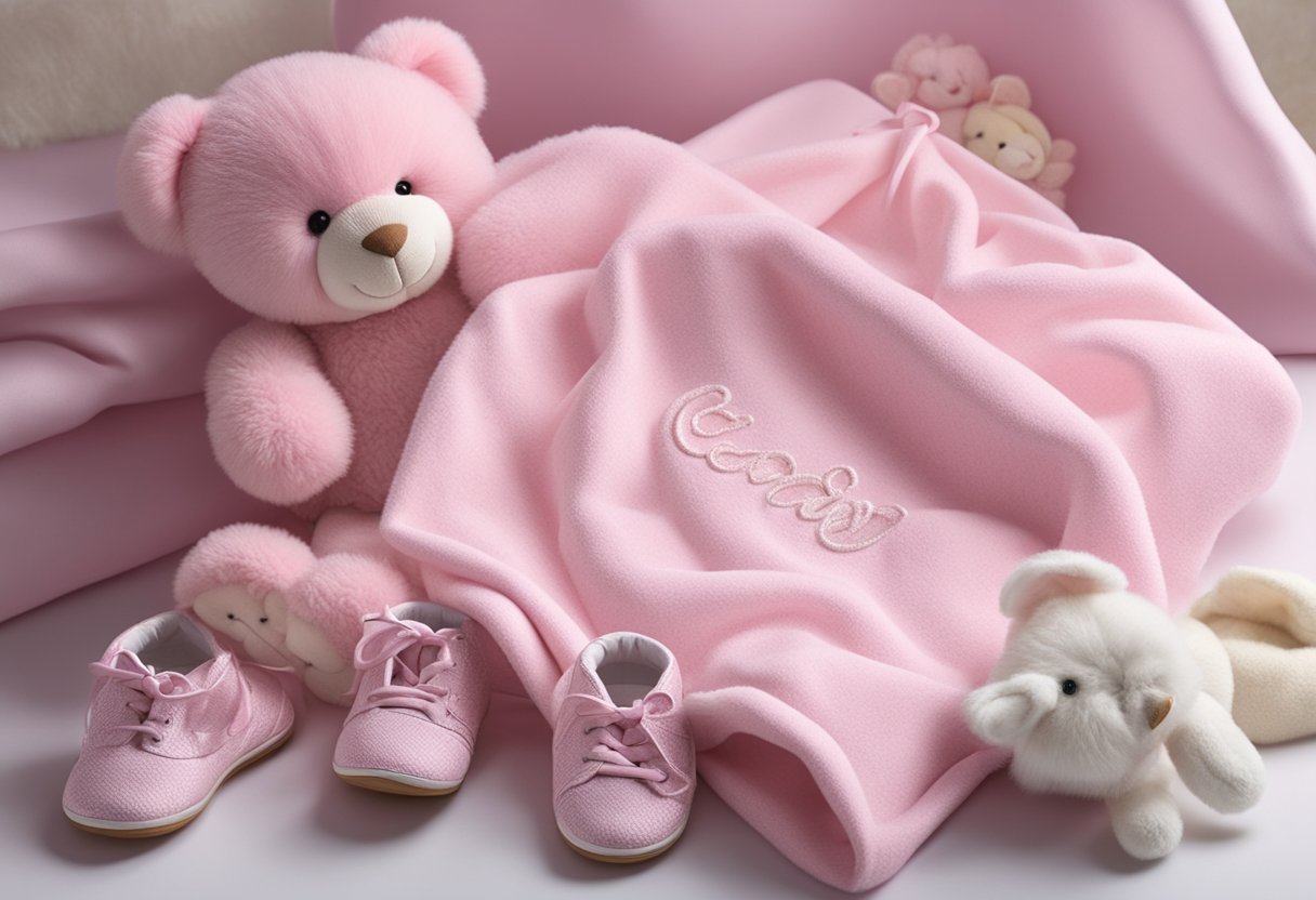 A delicate pink blanket with "Emersyn" embroidered in cursive script, surrounded by soft, fluffy stuffed animals and a tiny pair of baby shoes