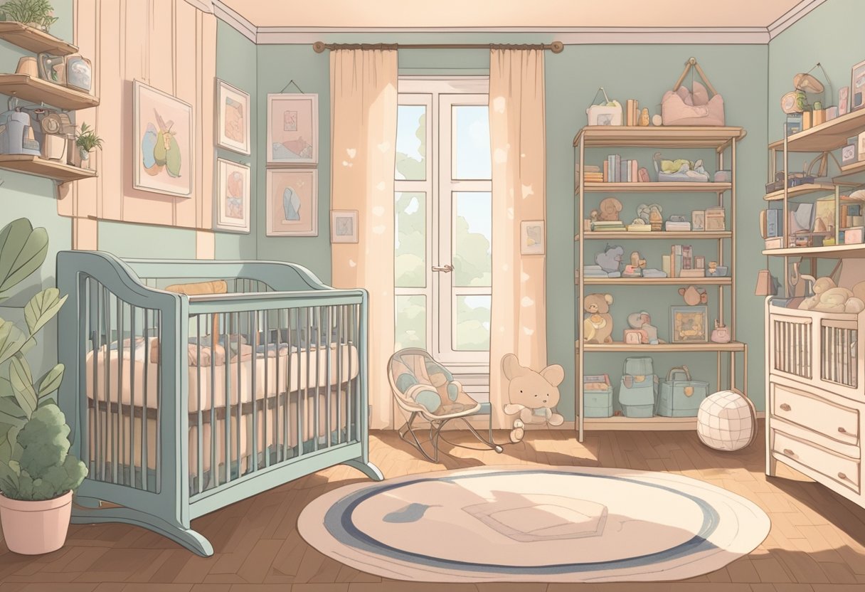 A soft, pastel-colored nursery with a cozy rocking chair and a shelf filled with baby books and toys. A delicate mobile hangs above the crib, swaying gently in the breeze