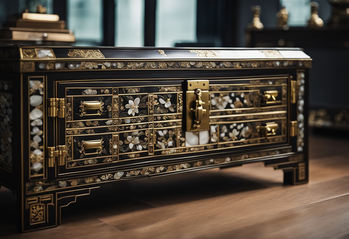A traditional Korean chest sits in a modern Singaporean living room, adorned with intricate mother-of-pearl inlay and elegant brass hardware