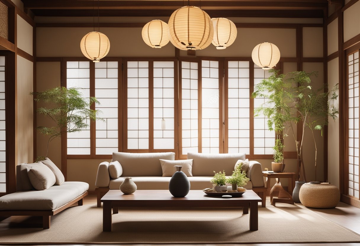 A serene Korean living room with low wooden furniture, delicate floral motifs, and minimalistic design. Traditional paper lanterns softly illuminate the space