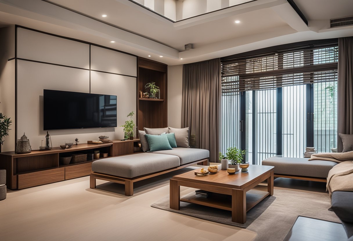 A Singaporean living room with Korean furniture, showcasing a traditional wooden dining table, low seating cushions, and a minimalist cabinet