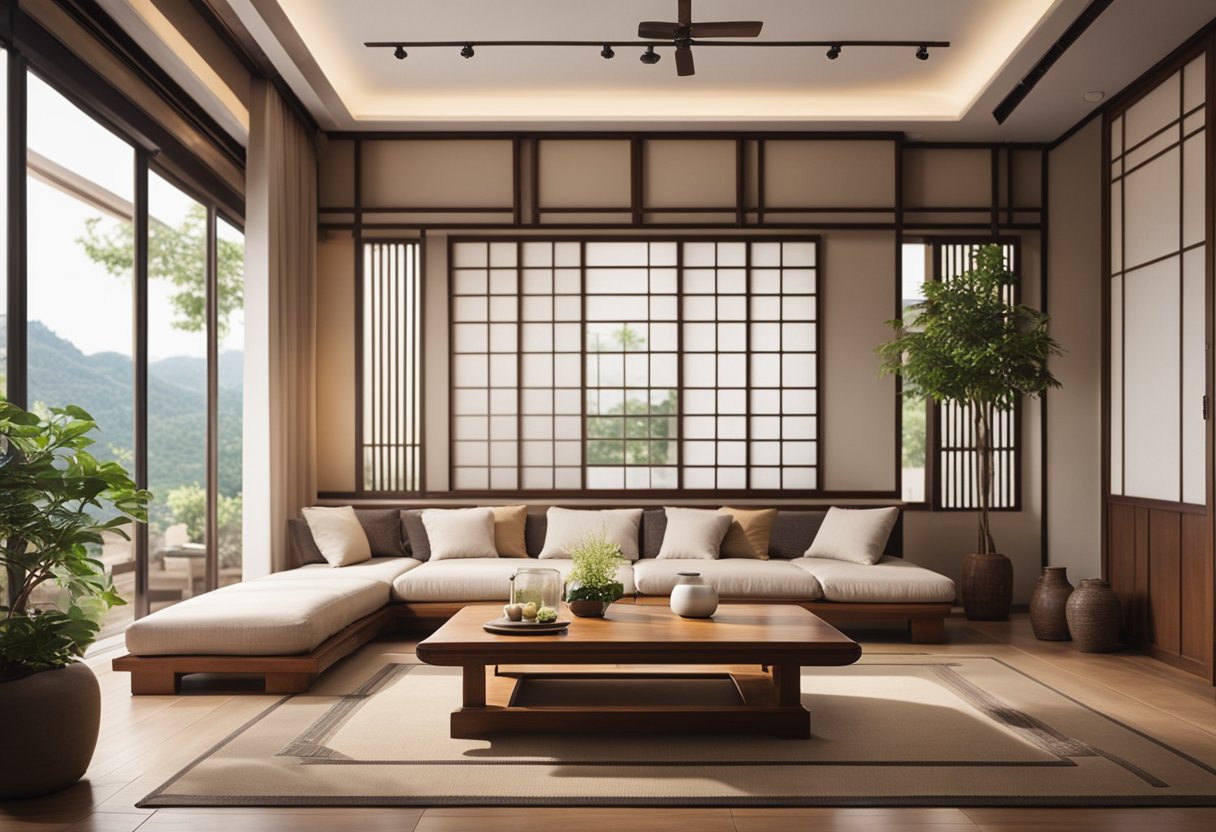 A cozy living room with traditional Korean furniture, including a low wooden table, floor cushions, and a decorative screen divider