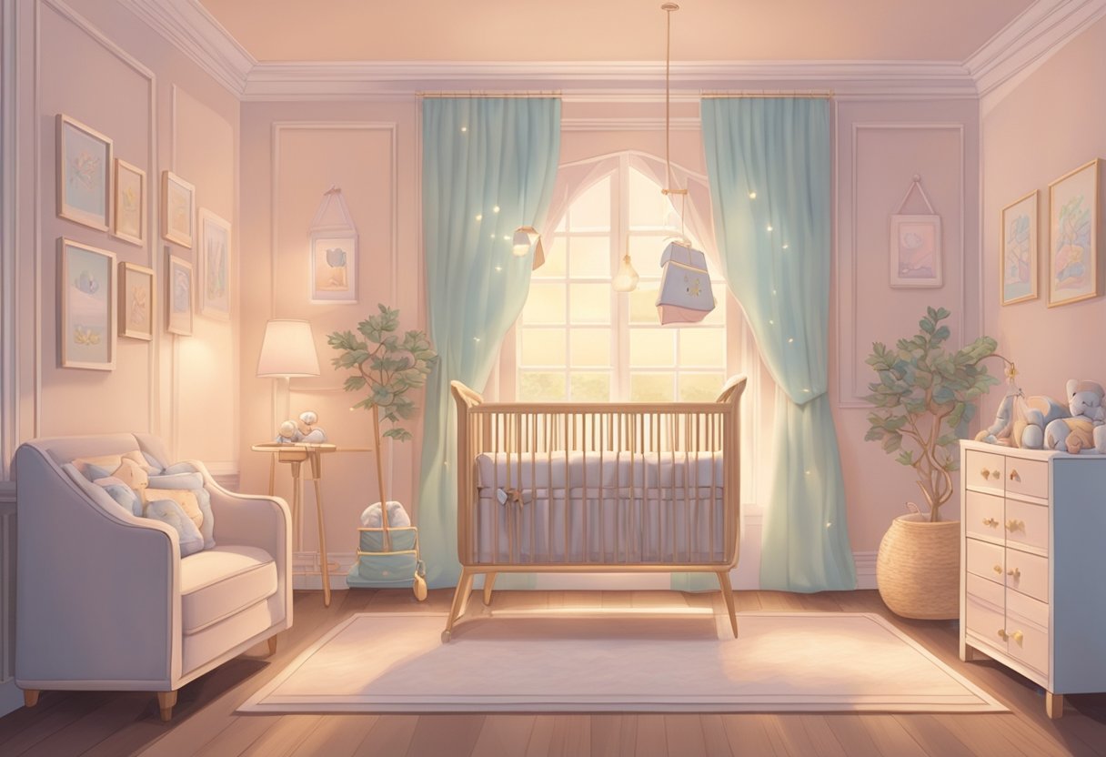 A cozy nursery with soft pastel walls and a delicate mobile hanging above a crib adorned with a name plaque reading "Emersyn."