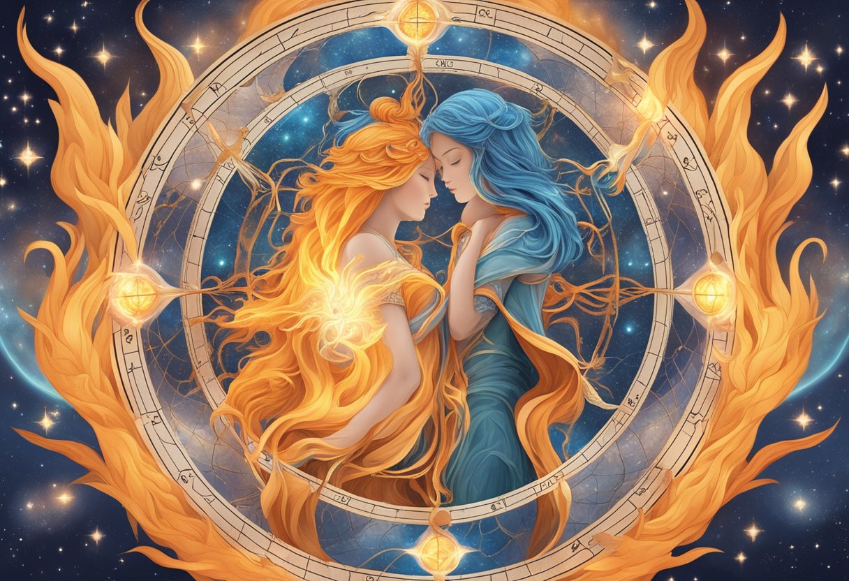 Two flames intertwine, representing twin souls. Birth charts and astrology symbols surround them, exuding a magical affinity