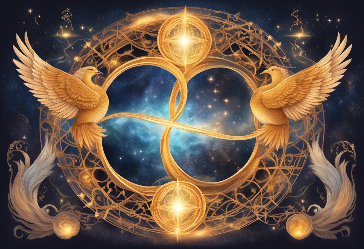 Two intertwined flames symbolizing twin flames and soulmates, surrounded by celestial symbols and magical elements, representing the concept and historical origins of twin flames and soulmates