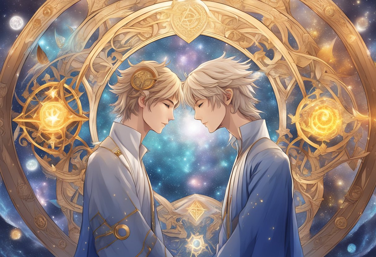 Two twin flames surrounded by astrological symbols and magical elements, representing the theme of recognition and relational pillars in Anime Gemelle