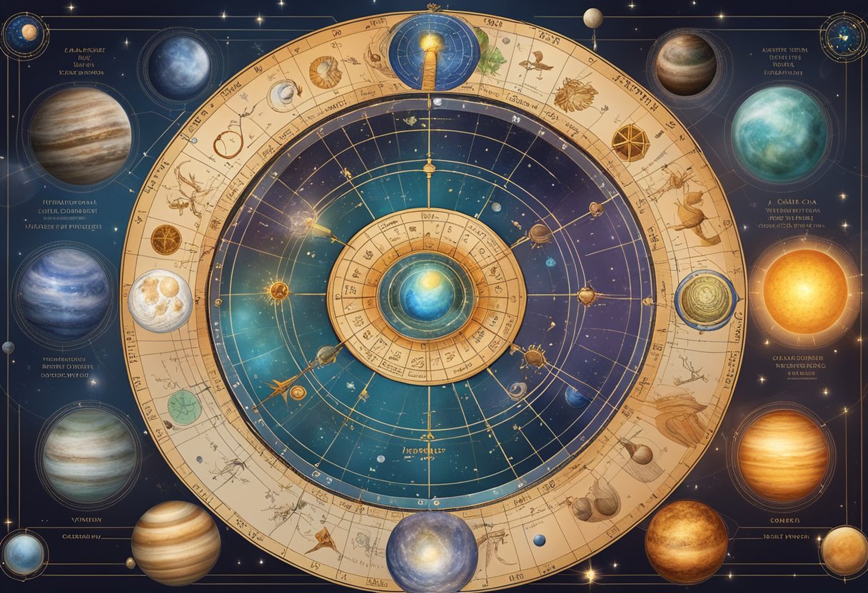 An astrological chart with zodiac signs, planets, and symbols representing soul connections and affinity