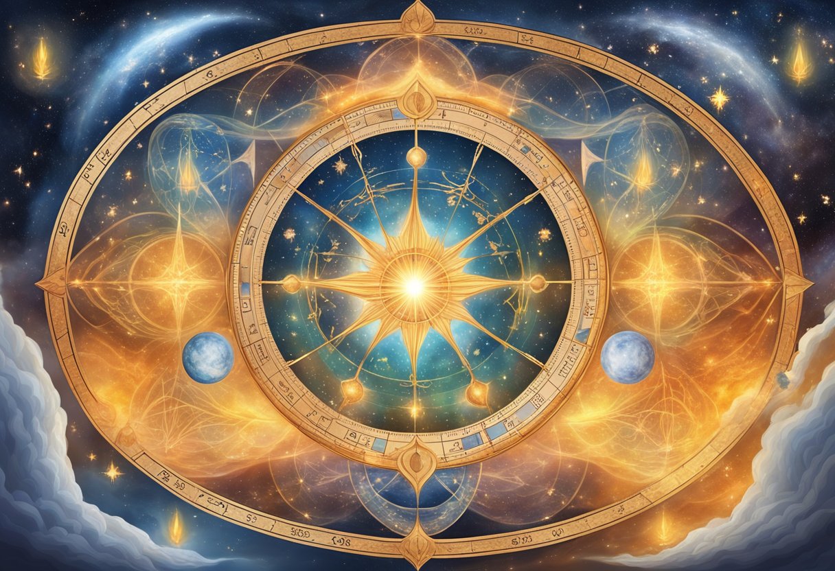 Two intertwined flames representing twin flames and soulmates, surrounded by celestial symbols and a birth chart, evoking the journey of evolving souls