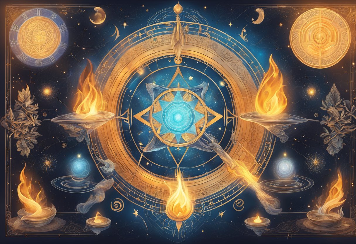 Two flames intertwine in a mystical ritual, surrounded by energetic symbols and astrological charts. The scene exudes a sense of magical connection and spiritual affinity