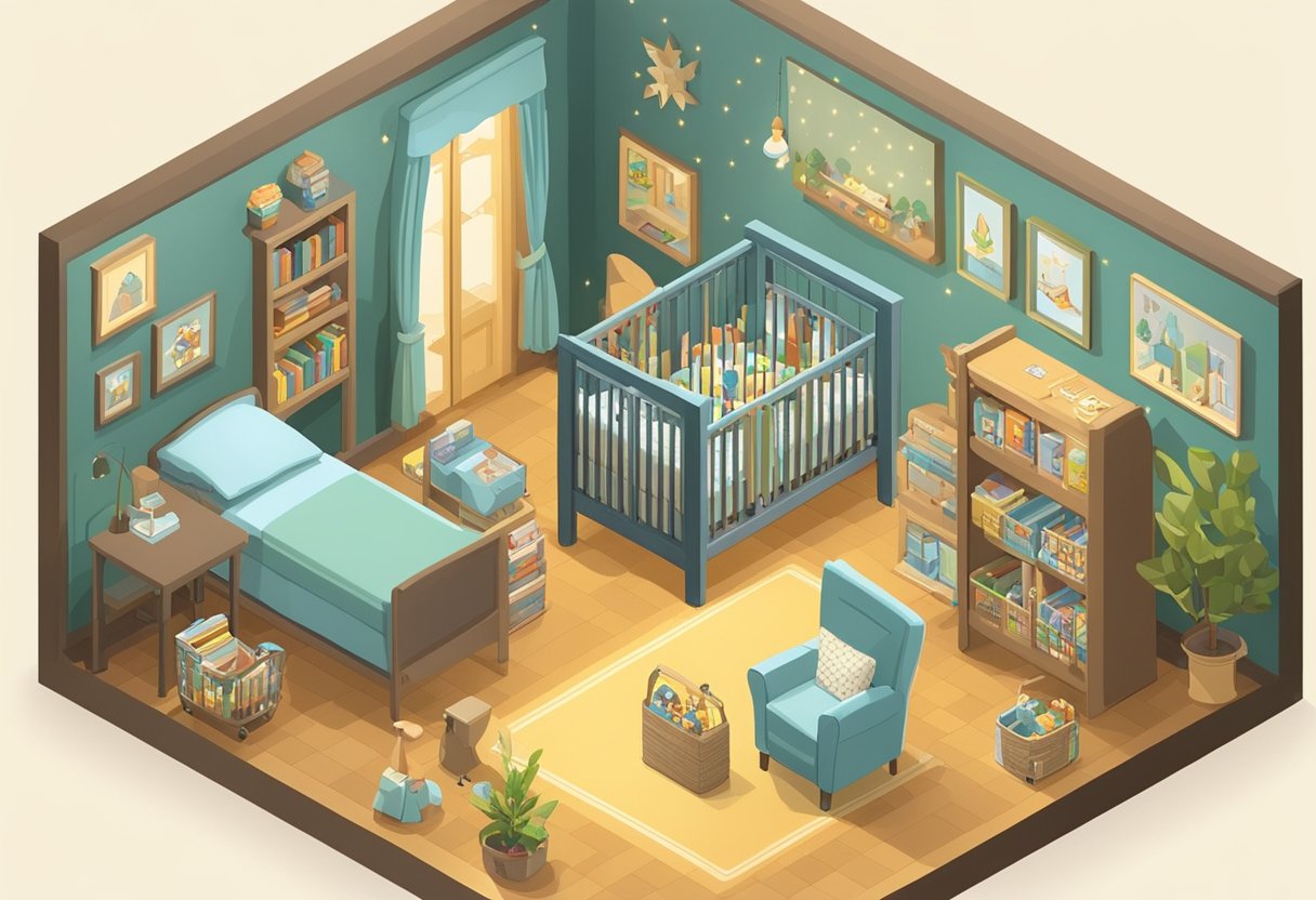 A nursery filled with books, toys, and a crib with a sign reading "Welcome to the Johnsons' Son" on the wall