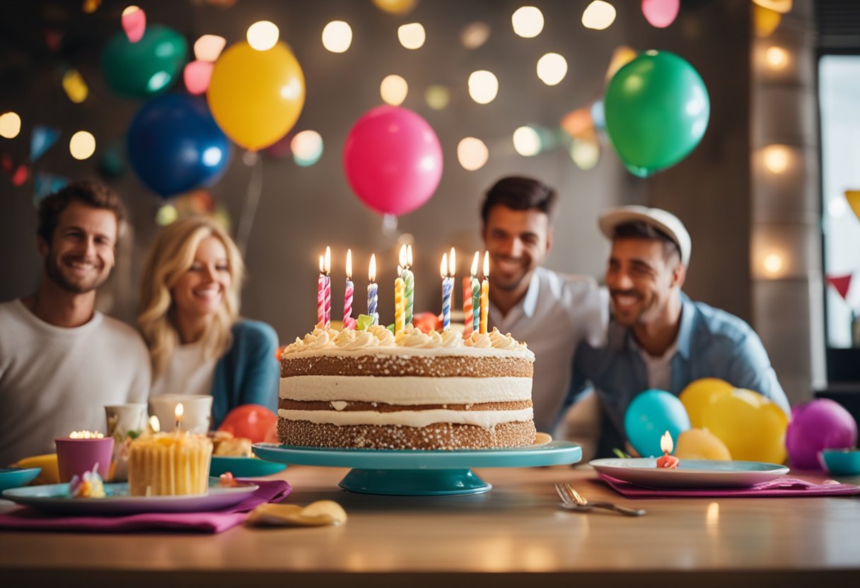 A table set with a birthday cake, presents, and colorful decorations. A group of family members and friends gathered around, smiling and laughing
