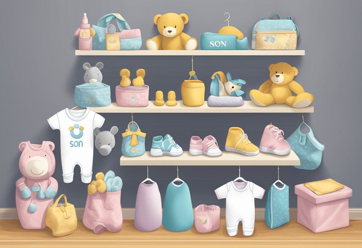 A collection of baby items with names ending in "son" arranged on a shelf, including a onesie, bib, and toy