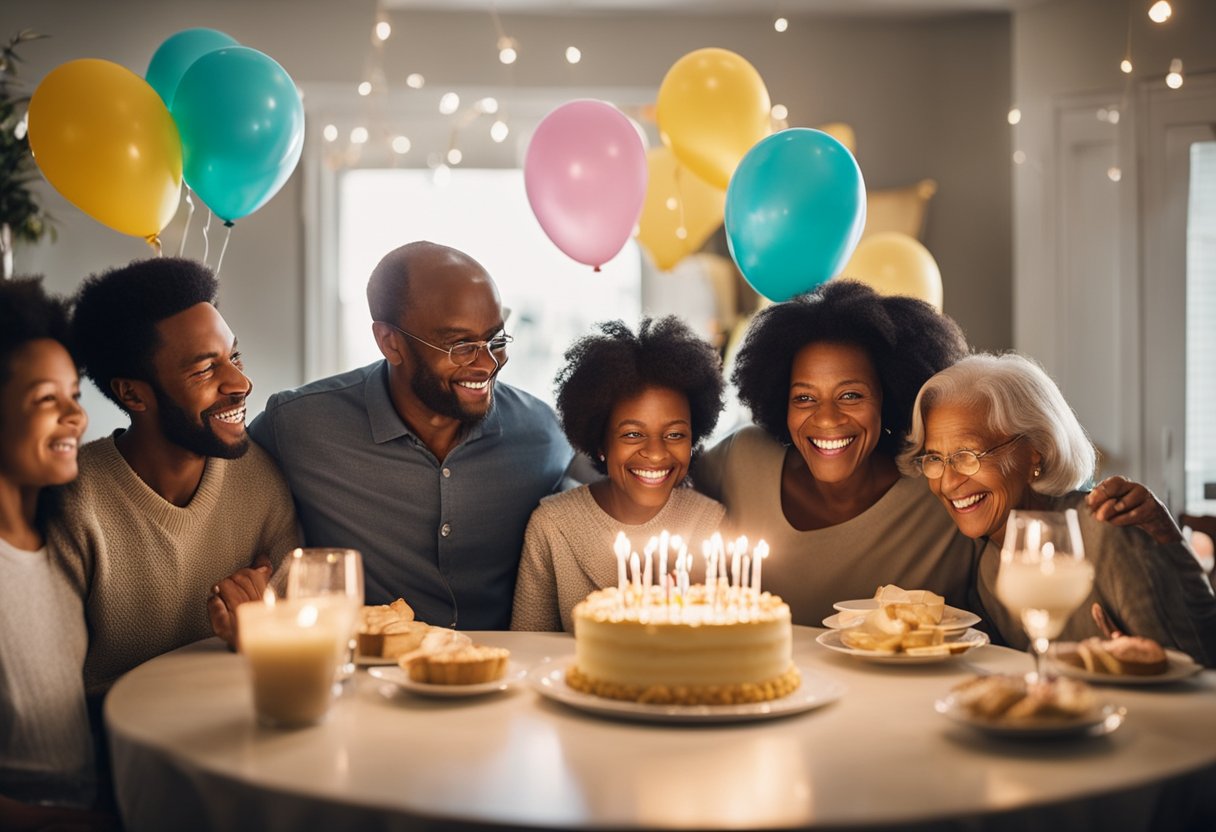 Family gathering around a birthday cake, balloons, and presents for Grandma. Smiles, laughter, and love fill the room as everyone celebrates her special day