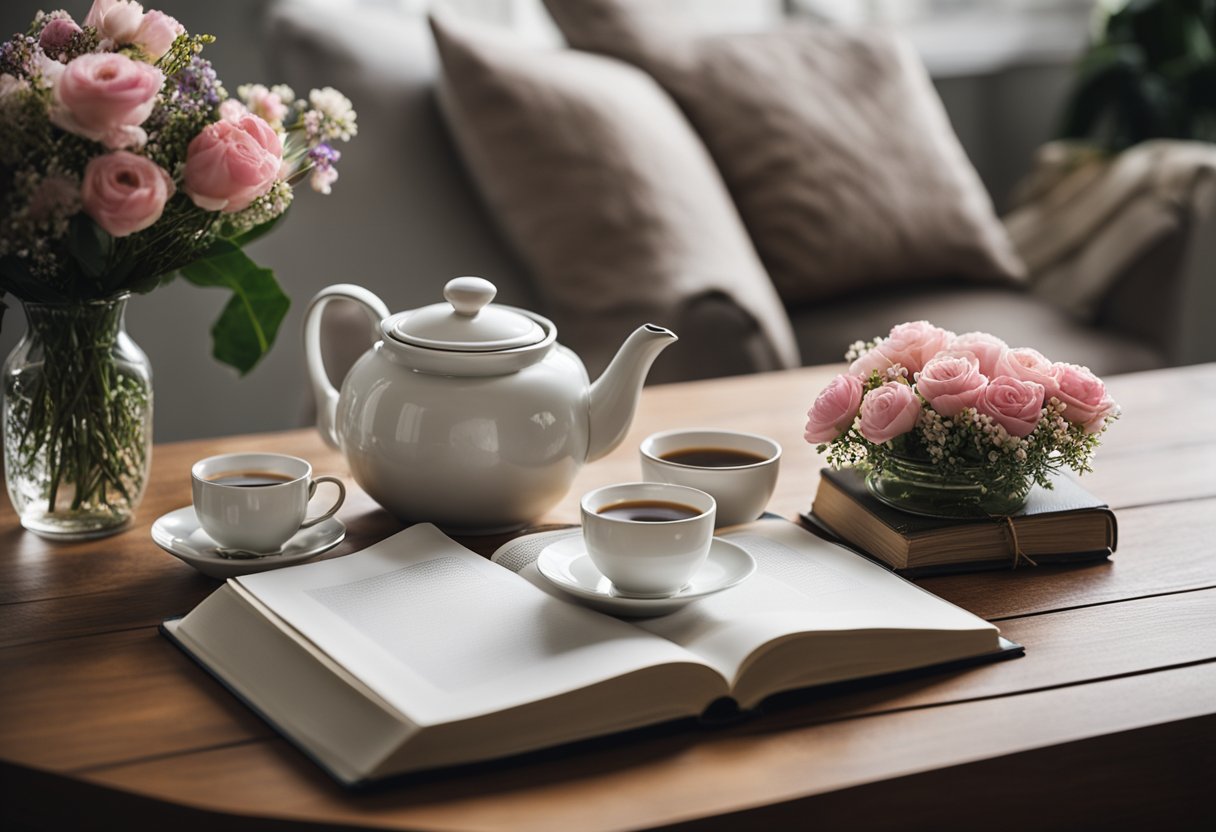 A table set with a teapot, flowers, and a photo album. A cozy chair with a blanket and a book. A homemade card and a wrapped gift on the table