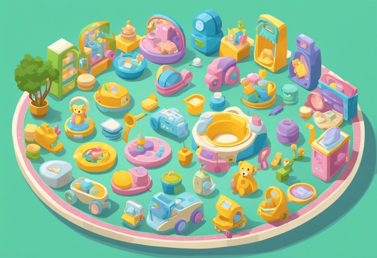 A colorful array of baby items arranged in a circular pattern, with names ending in "a" displayed prominently