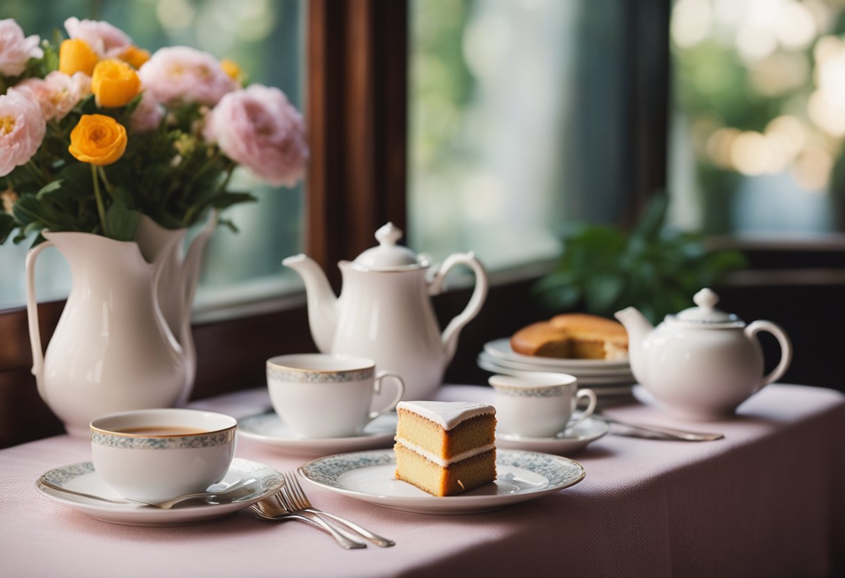 A cozy cafe with a floral tablecloth, a teapot, and a slice of cake on a delicate china plate. A vase of fresh flowers sits in the center, and soft light streams in through the window