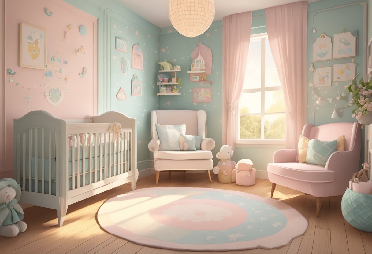 A nursery adorned with signs of "Baby Names Ending in ette" on the walls, with soft pastel colors and whimsical decorations