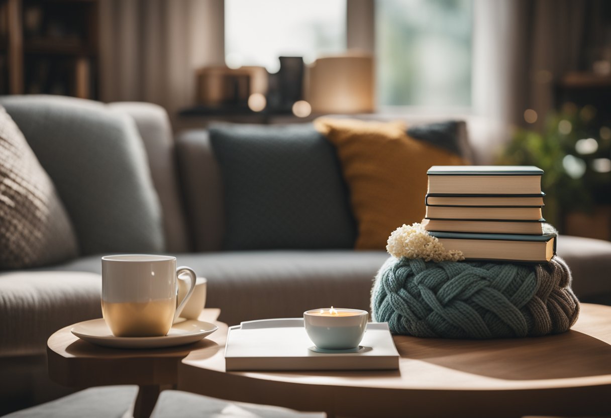 A cozy living room with a birthday cake, family photos, and a comfortable chair. A stack of books and a knitting project sit nearby