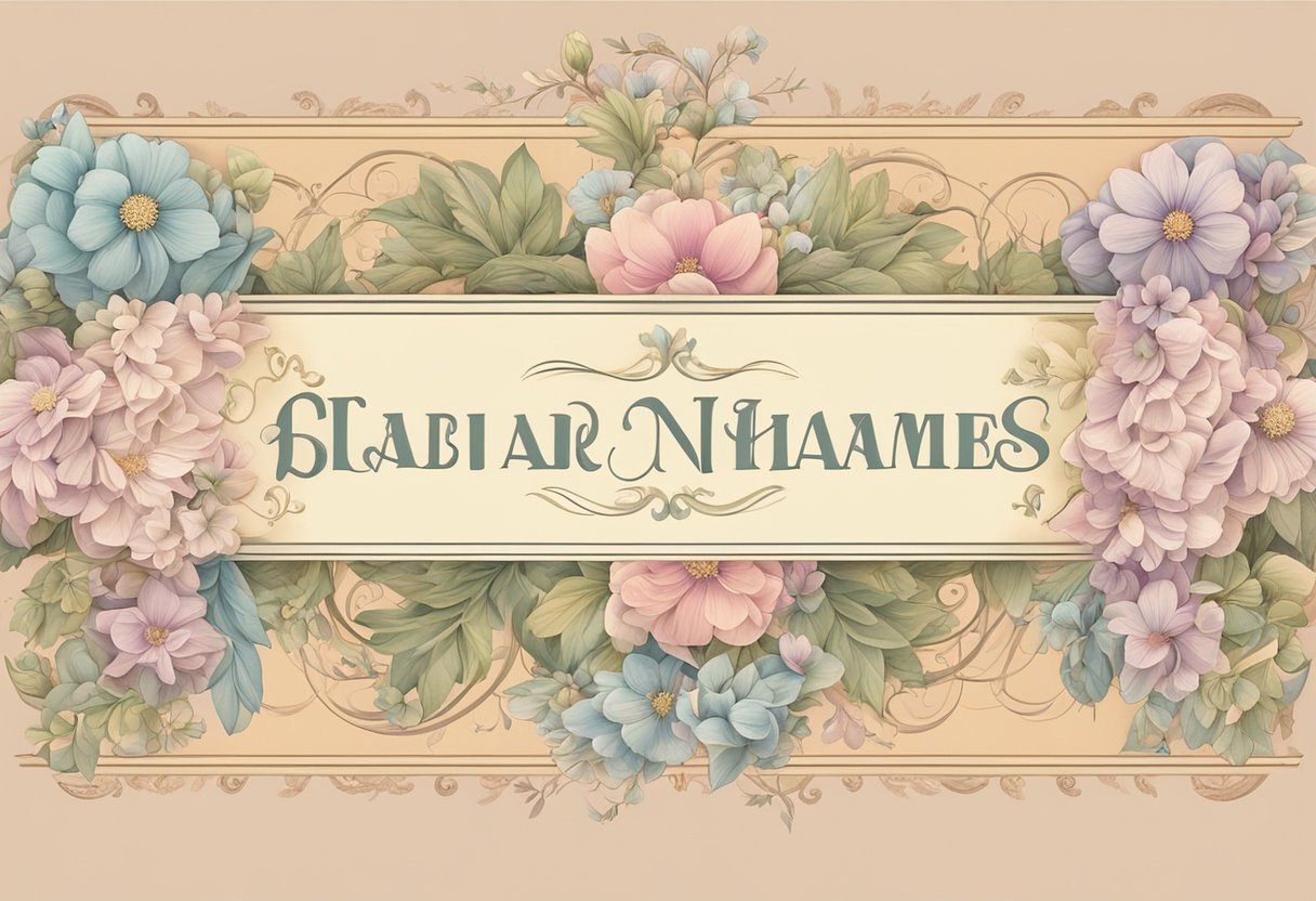 A collection of elegant baby names ending in "ette" displayed on a vintage scroll, surrounded by delicate floral motifs and soft pastel colors