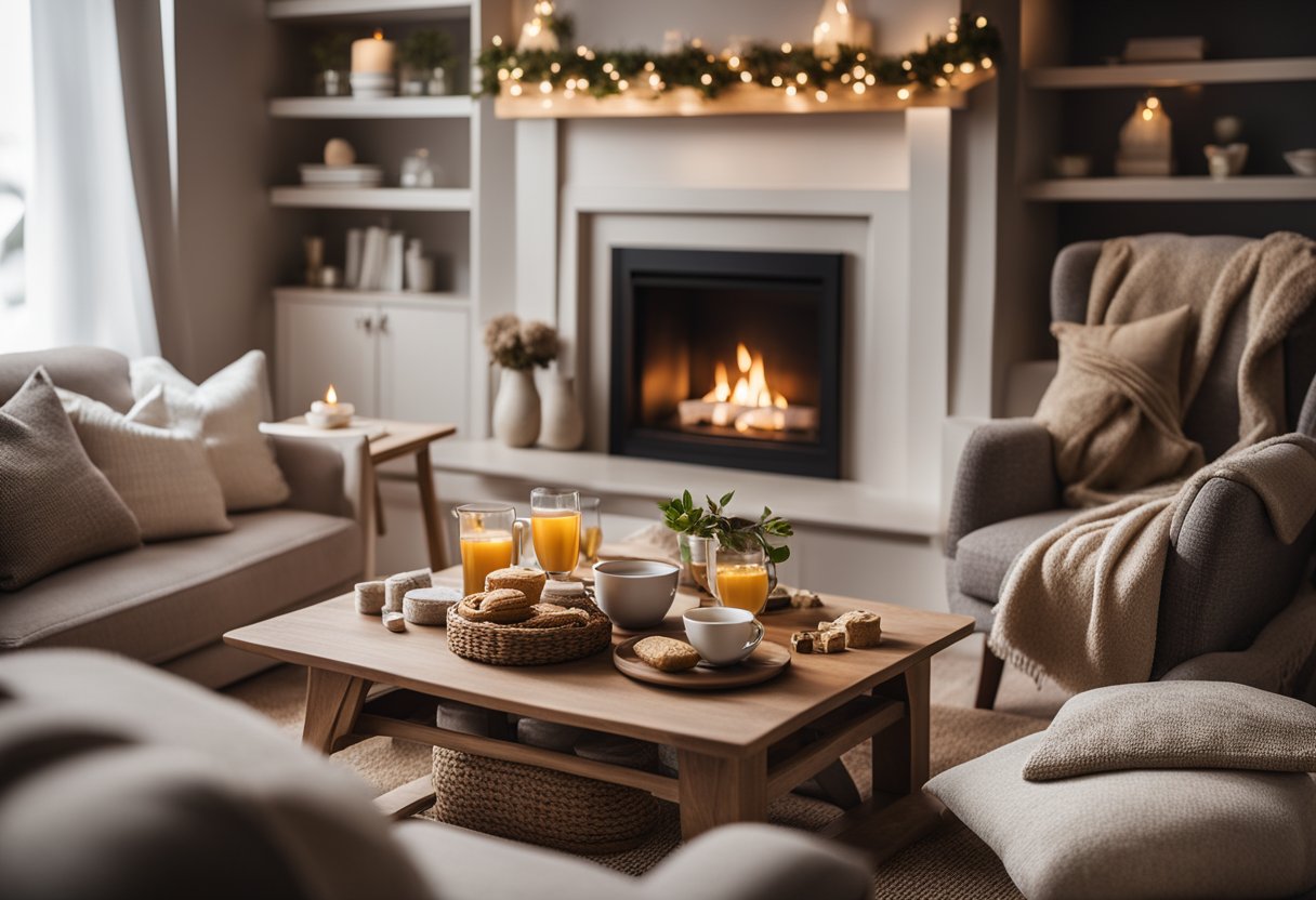 A warm living room with a crackling fireplace, a table set with tea and treats, and a pile of soft blankets and pillows for snuggling