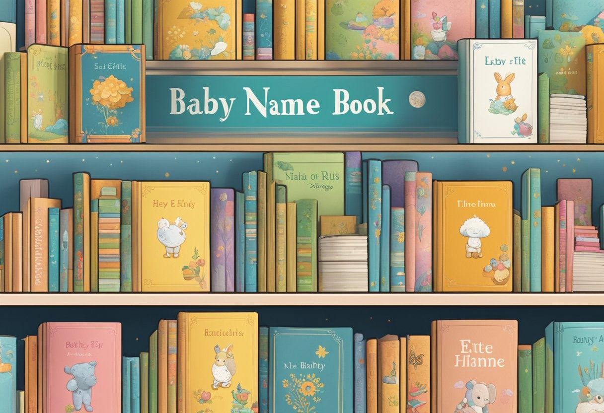 A collection of baby name books with titles ending in "ette" stacked on a shelf, surrounded by colorful baby-themed illustrations