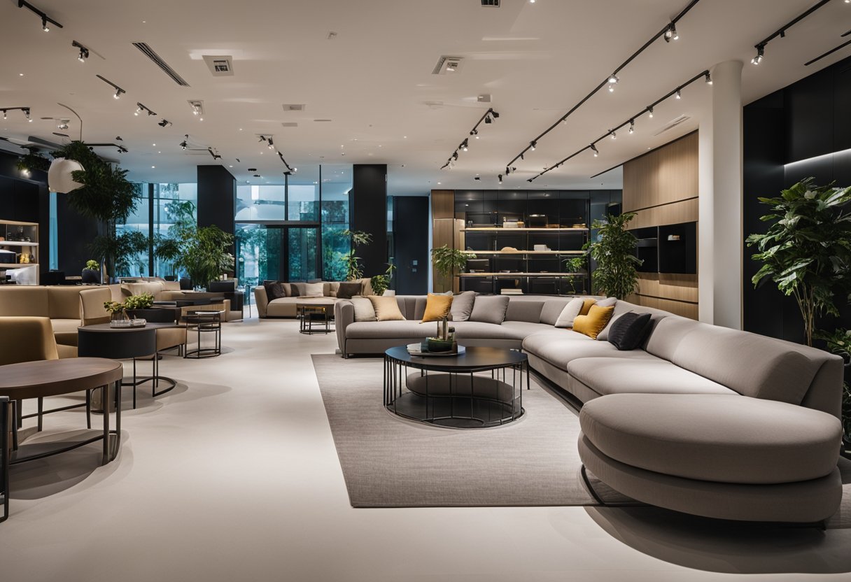 A sleek, modern furniture showroom in Singapore, with clean lines and minimalist design. Displays of stylish sofas, tables, and chairs