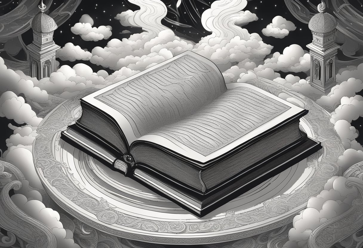 A grand, ancient book open on a pedestal, surrounded by swirling clouds and glowing symbols