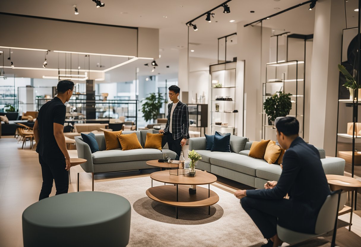 Customers browsing, touching, and admiring sleek modern furniture in a spacious, well-lit showroom at Malmo Furniture in Singapore