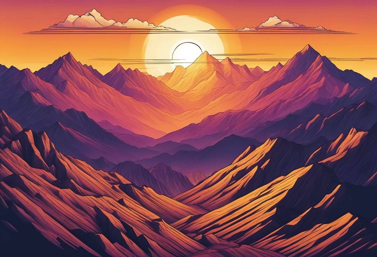 A grand mountain range with a fiery sunset backdrop, casting a dramatic and awe-inspiring silhouette