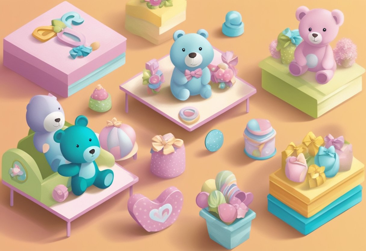 A collection of colorful name cards with "er" endings, surrounded by baby girl-themed objects like rattles, bows, and teddy bears