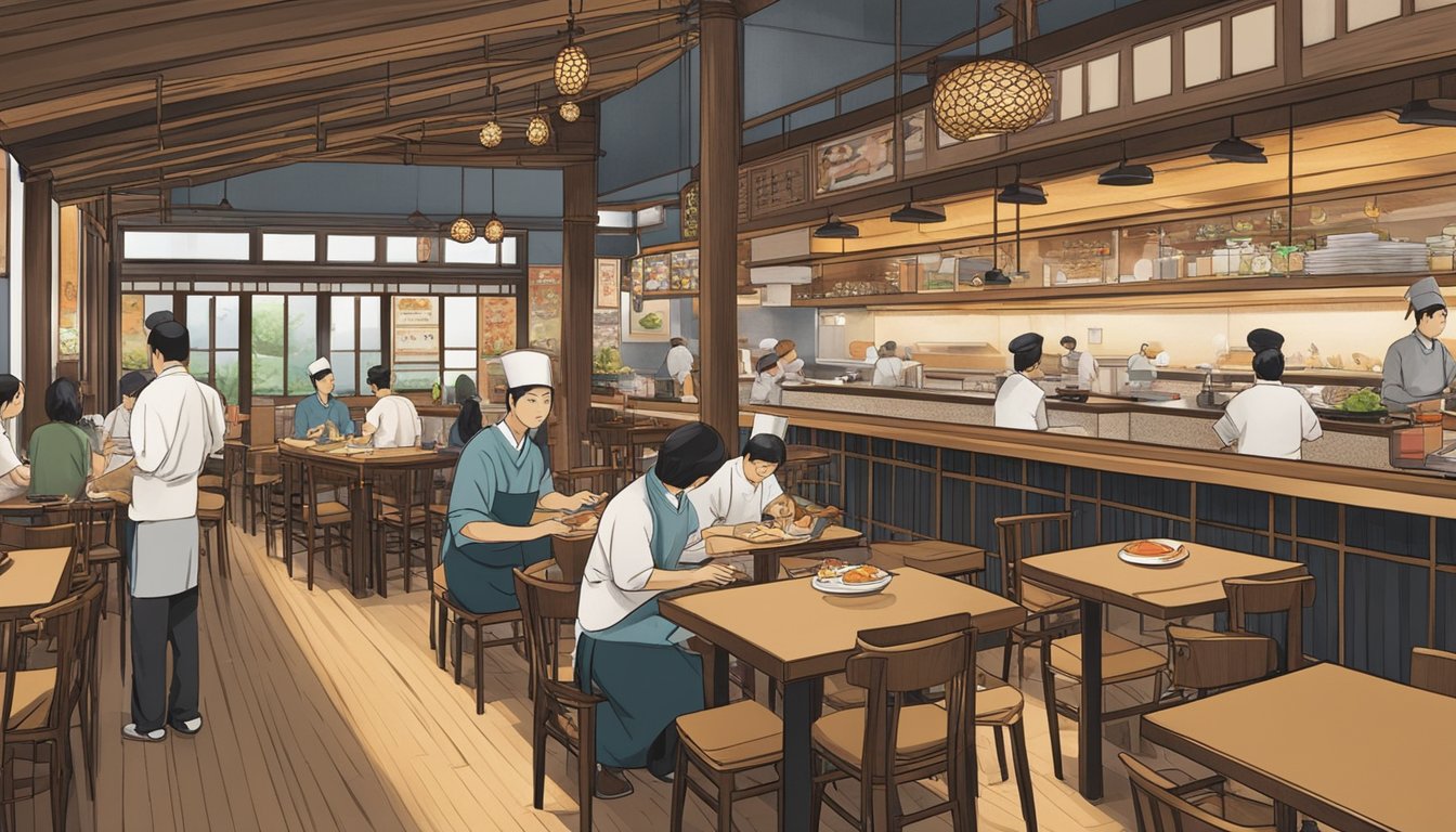 A bustling Japanese restaurant in Suntec, with traditional decor and a sushi bar. Customers enjoy their meals at wooden tables while chefs prepare fresh dishes behind the counter