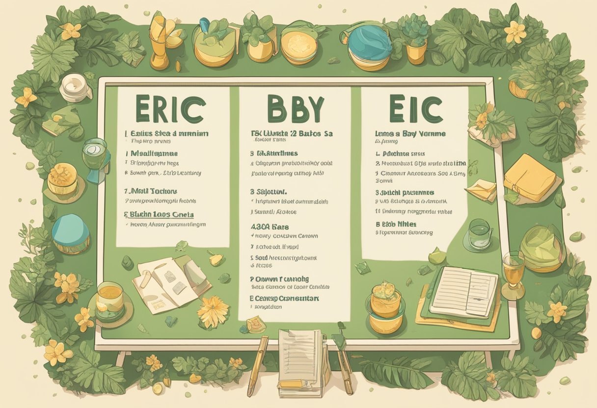 A table with a list of baby names like "Eric" written in bold lettering