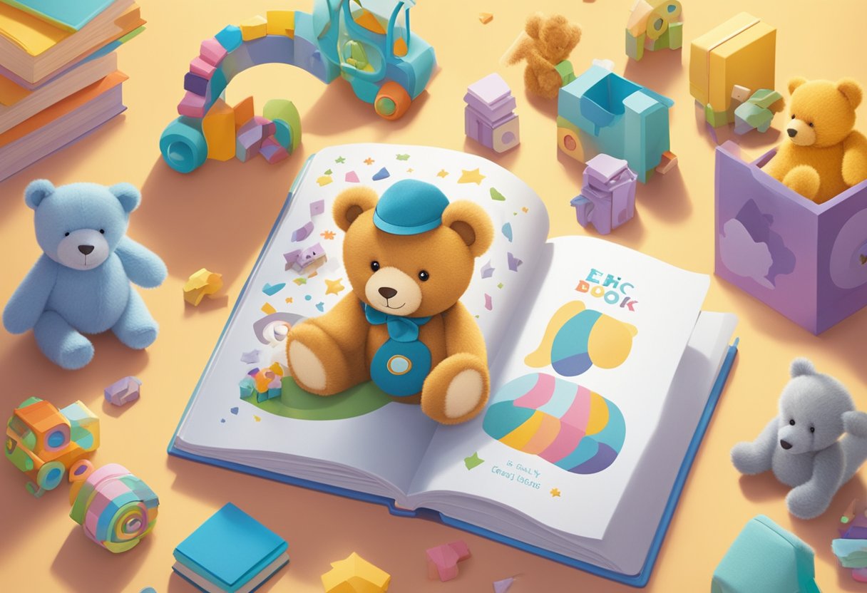 A baby book lies open, surrounded by toys and a teddy bear. "Eric" is written in colorful letters above the title