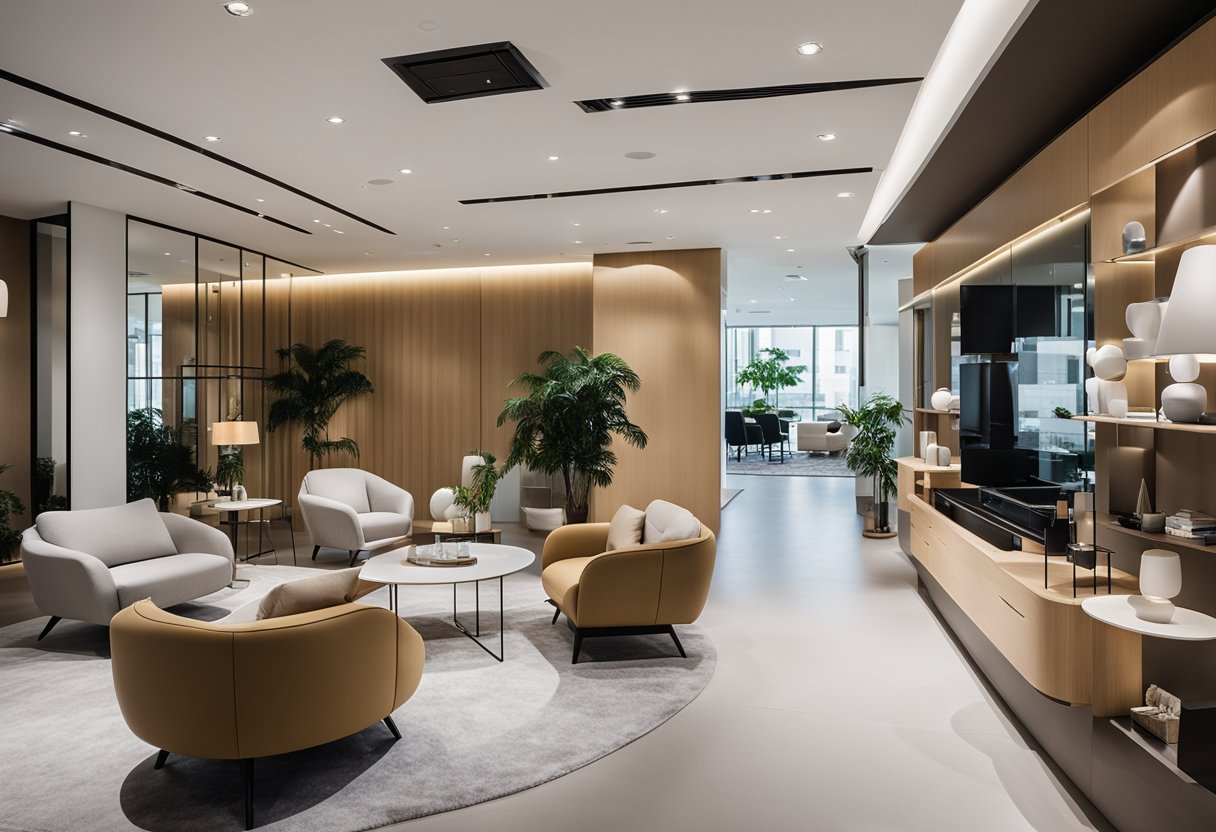 A showroom with sleek, minimalist furniture in Singapore. Clean lines, neutral colors, and innovative designs create a modern, contemporary atmosphere