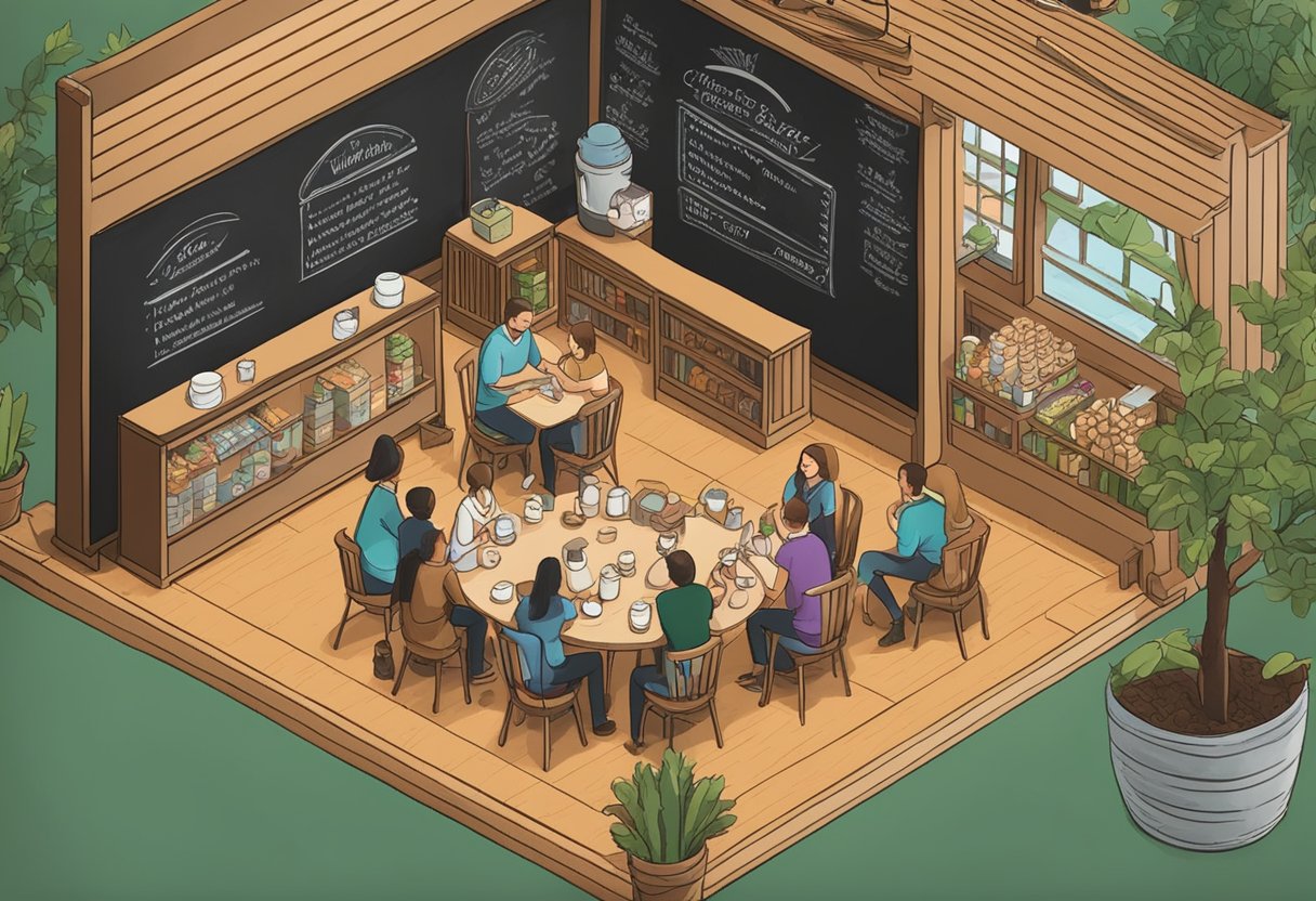 A cozy coffee shop with a chalkboard menu displaying "Tips For Brainstorming The Perfect Name" event hosted by Eric. Tables filled with expectant parents discussing baby names